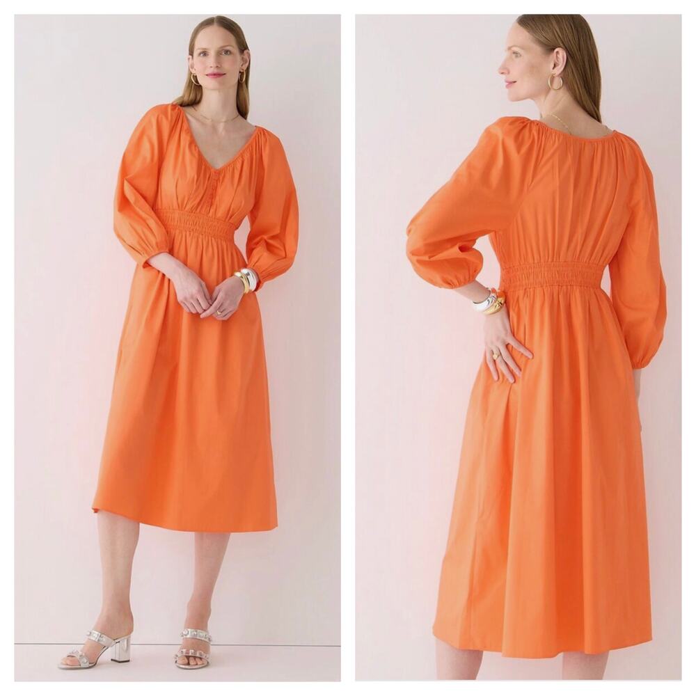 NWT J. CREW Orange Cotton Poplin V Neck Smocked Waist Midi Dress Size XS Boho